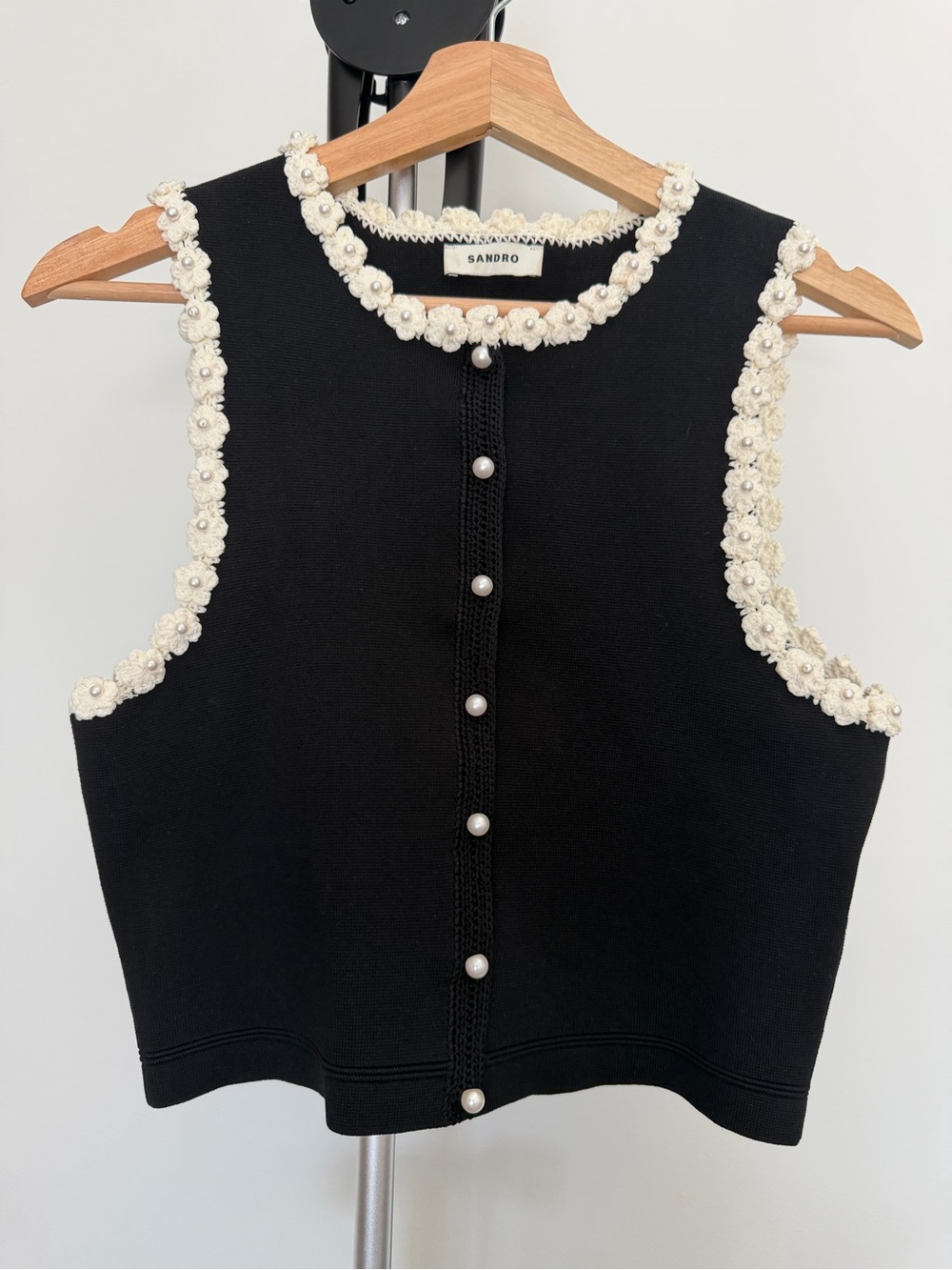 Sandro Paris Floral Pearl Trim Knit Top | Size S
